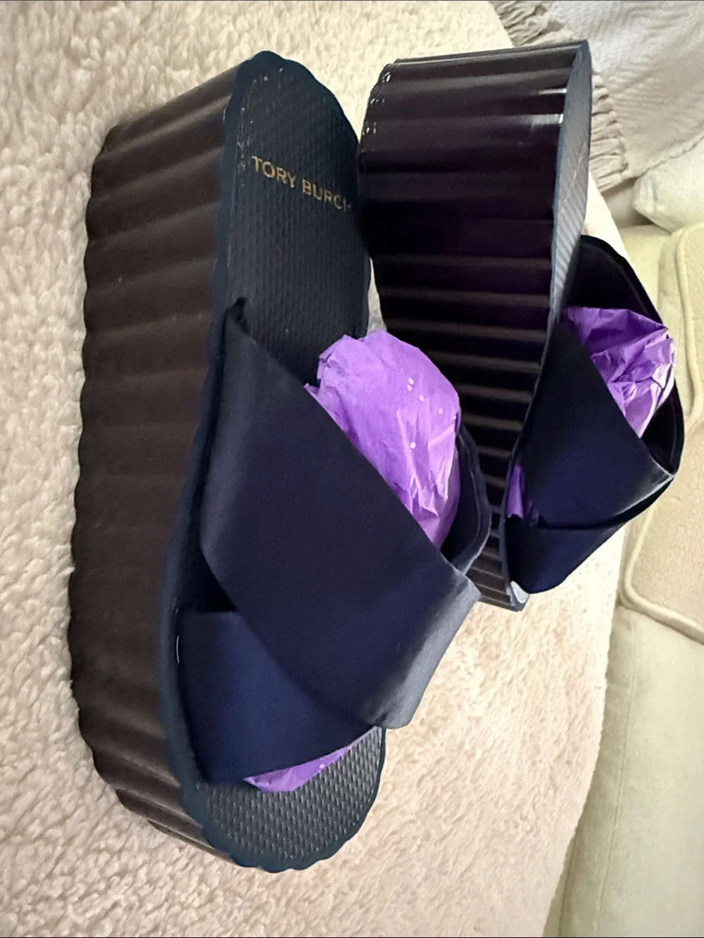 Tory Burch Navy Satin Crisscross Platform Slides